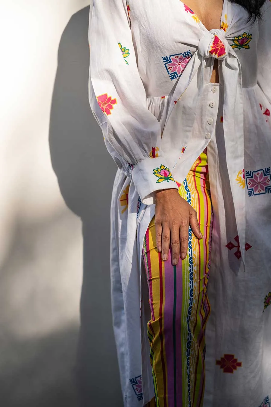 White Knotted Tunic & Multicolour Pant Set