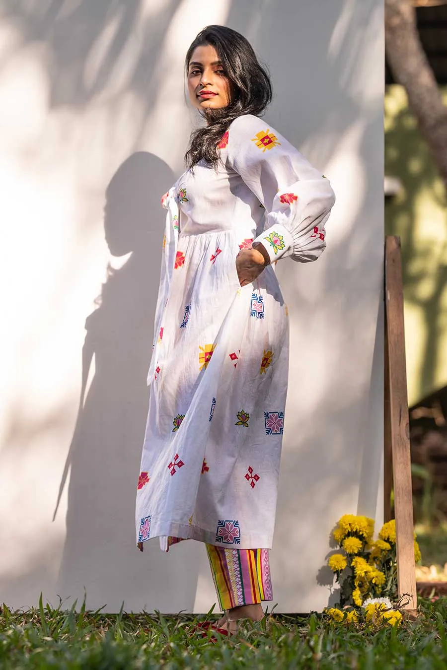 White Knotted Tunic & Multicolour Pant Set