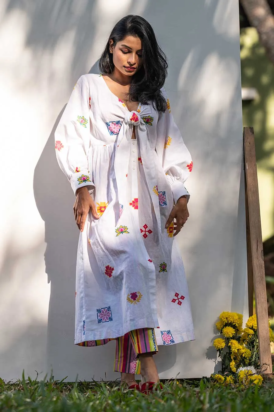 White Knotted Tunic & Multicolour Pant Set
