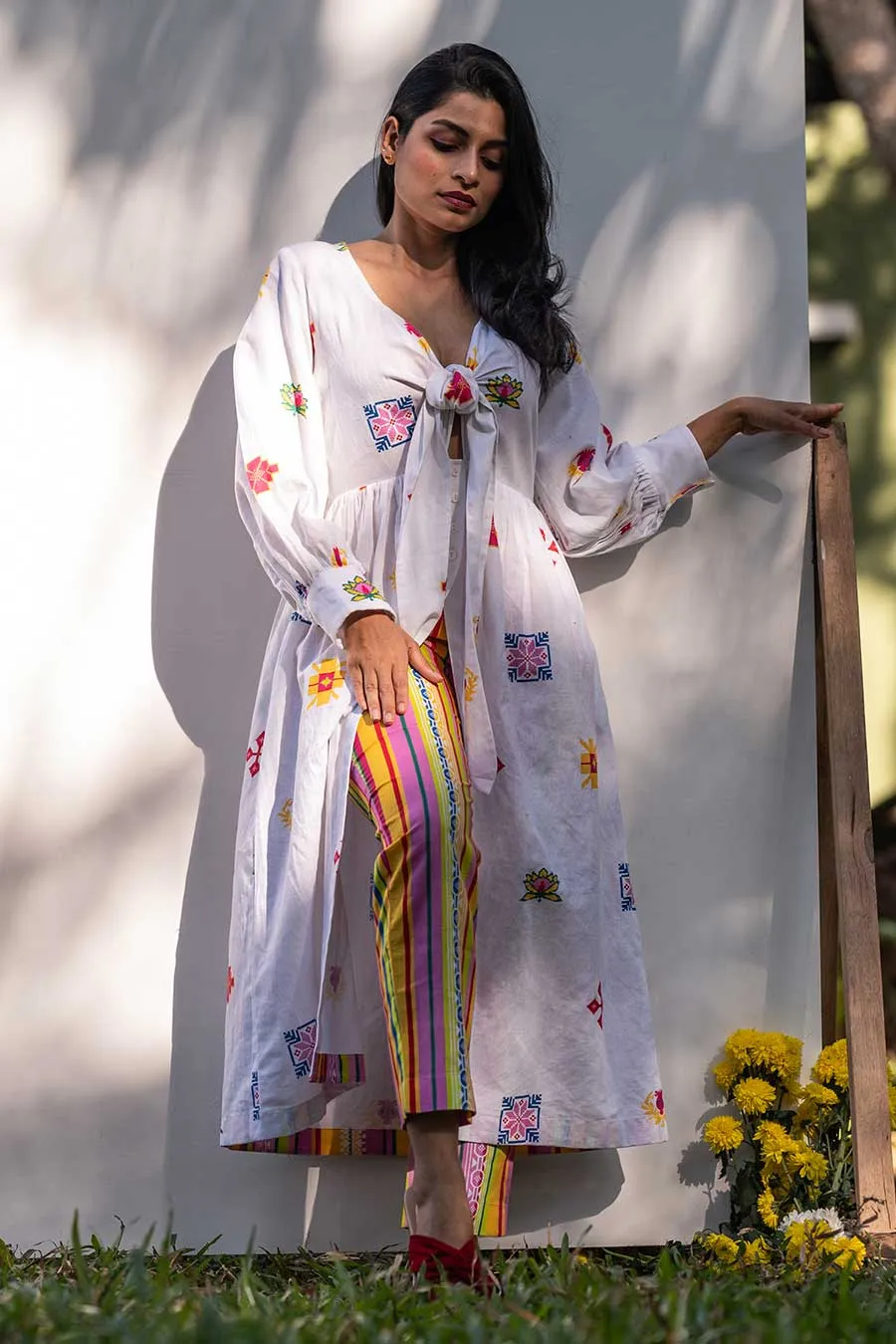 White Knotted Tunic & Multicolour Pant Set