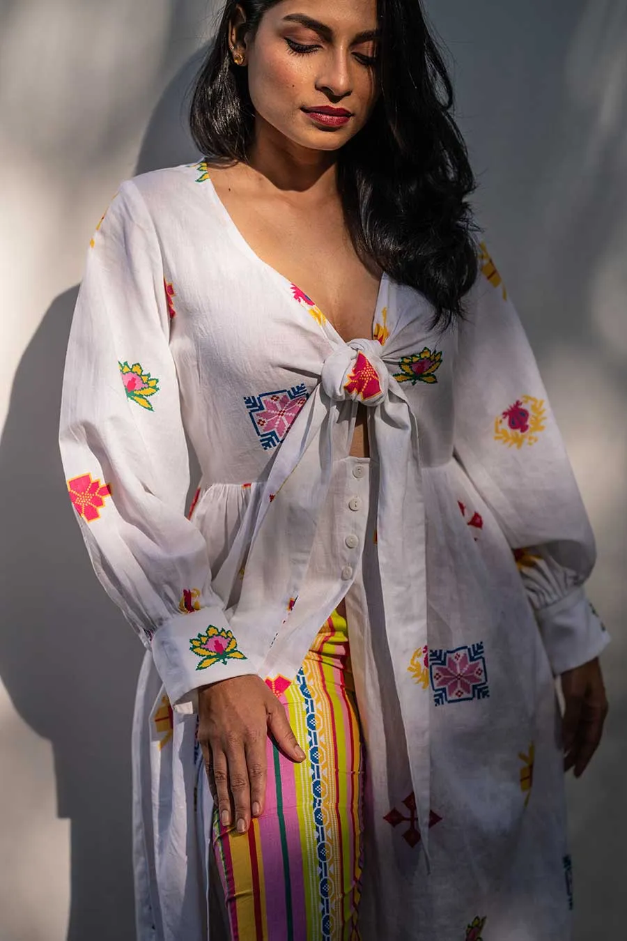 White Knotted Tunic & Multicolour Pant Set