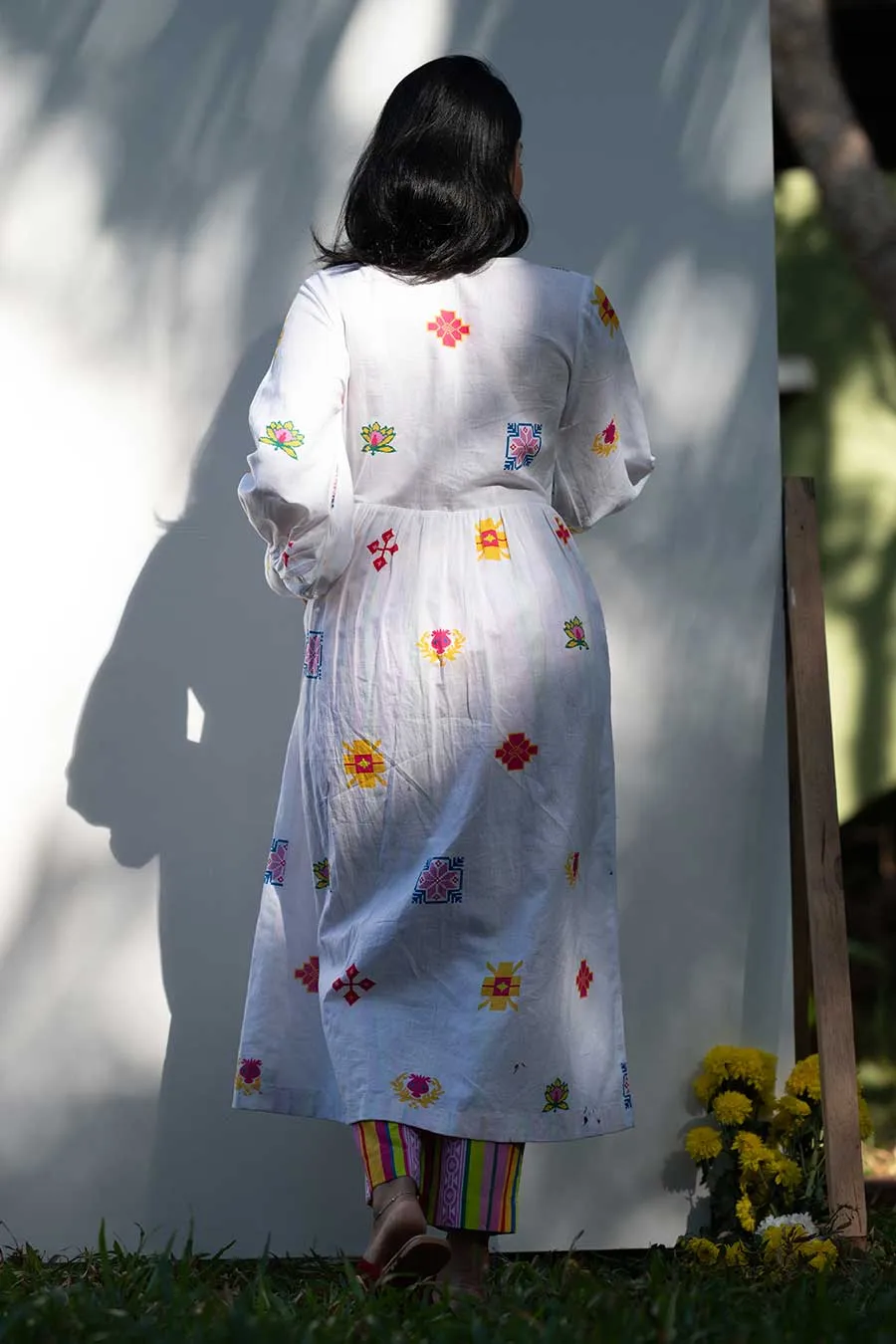 White Knotted Tunic & Multicolour Pant Set