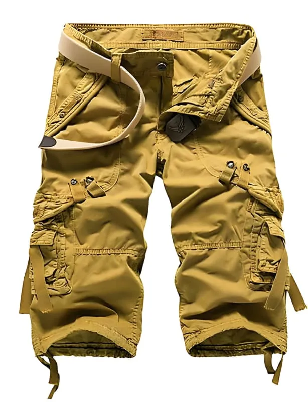 Yellow Solid Colored Men's Cargo Shorts with Pockets and Belt
