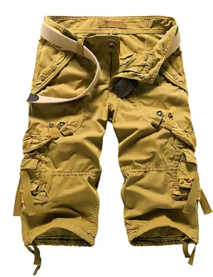 Yellow Solid Colored Men's Cargo Shorts with Pockets and Belt
